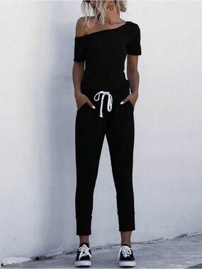 NEW Off-Shoulder Black Jumpsuit with Drawstring Waist